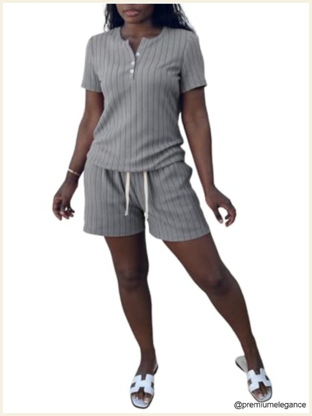 Women's 2 Piece Ribbed Knit Lounge Set - Henley Top & Drawstring Shorts